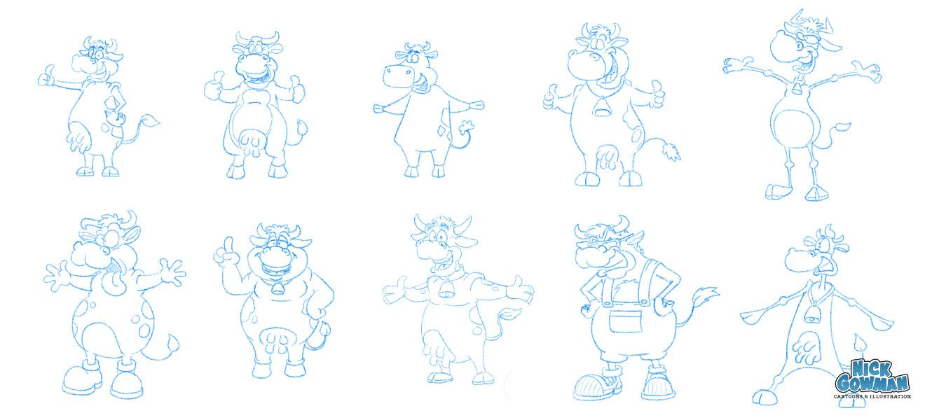 Cartoon Cow Mascot Rough Sketches