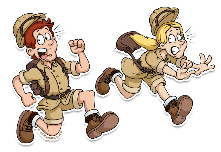 cartoon explorers running